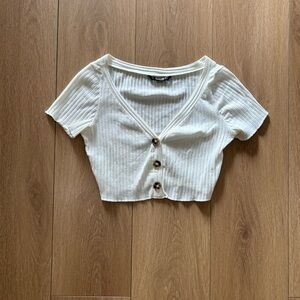 SHEIN Cream Ribbed Button Crop Top
